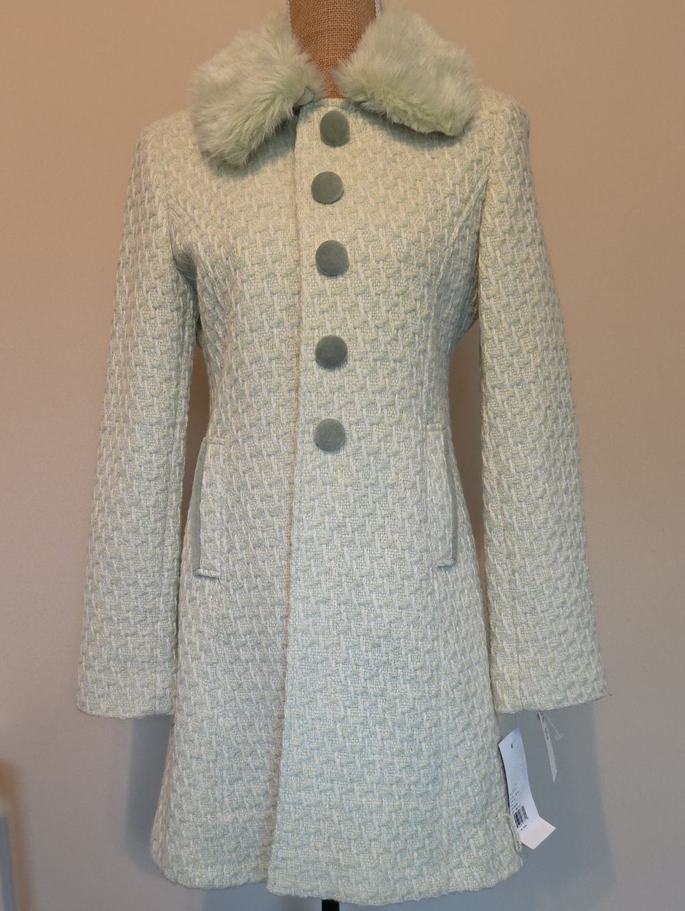 Marvin Mint Green Textured Peacoat with Faux Fur Collar